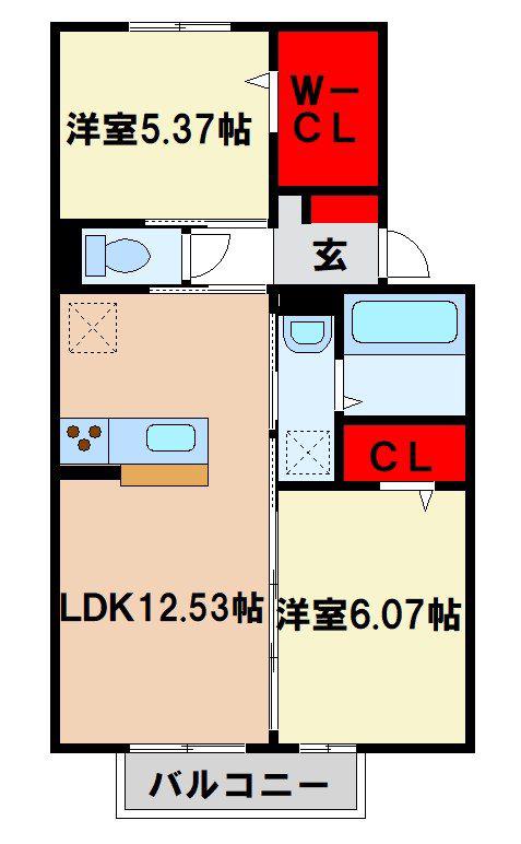 プリマフィル B棟(2LDK/2階)の間取り写真