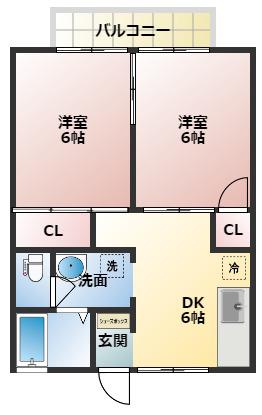 ドゥエルカームS(2K/2階)の間取り写真