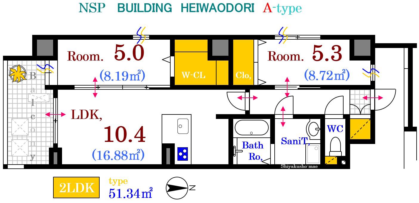 NSP BUILDING HEIWAODORI(2LDK/7階)の間取り写真
