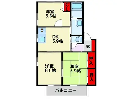 チェリーヒルズ  G棟(3DK/1階)の間取り写真