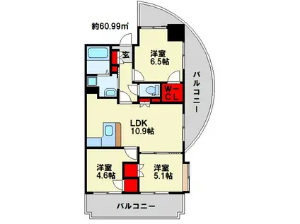 オークランドアサート小倉(3LDK/6階)の間取り写真