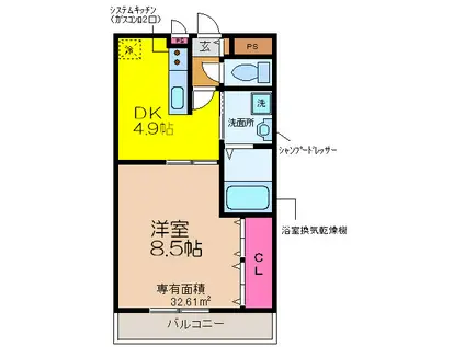 アンプルール クラージュコリーヌシャンI(1DK/1階)の間取り写真