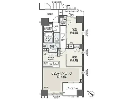 ザ・マジェスティコート目黒(2LDK/13階)の間取り写真