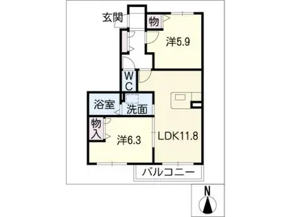 ラフォーレシン B棟(2LDK/1階)の間取り写真