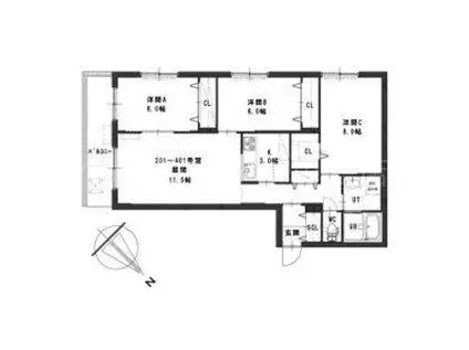 グランメールアサヒV(3LDK/3階)の間取り写真