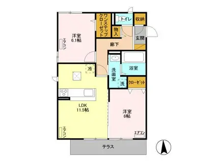 プラウドパークス朝倉(2LDK/1階)の間取り写真