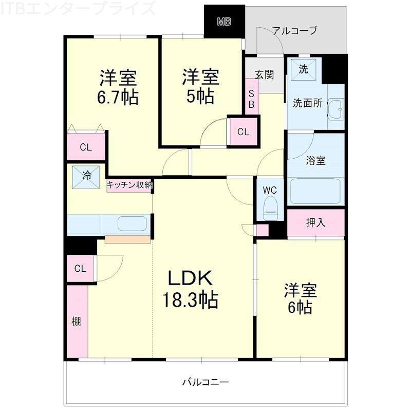ナイスサンソレイユ浜松入野(3LDK/4階)の間取り写真