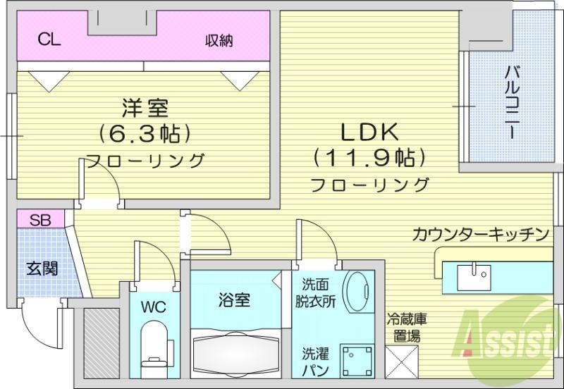 東仙台レジデンス弐番館(1LDK/3階)の間取り写真