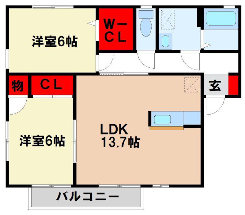 グリーンハイム B棟(2LDK/2階)の間取り写真