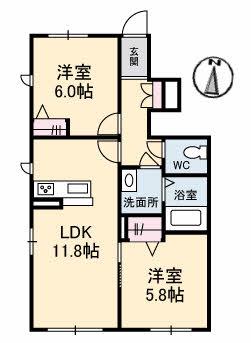 ボヌール I棟(2LDK/1階)の間取り写真
