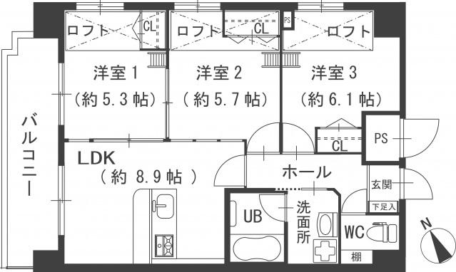 グランドポレストーネ大手町弐番館(2SLDK/9階)の間取り写真