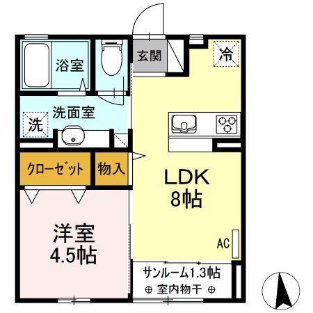 ティエドール B(1LDK/2階)の間取り写真