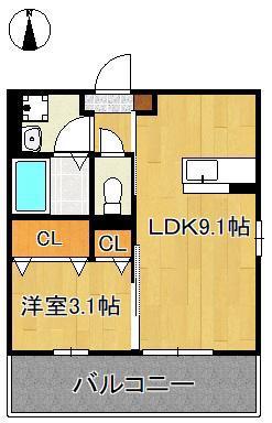 FUGA陣山(1LDK/3階)の間取り写真