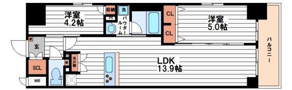スプランディッド上本町ウエストII(2LDK/5階)の間取り写真