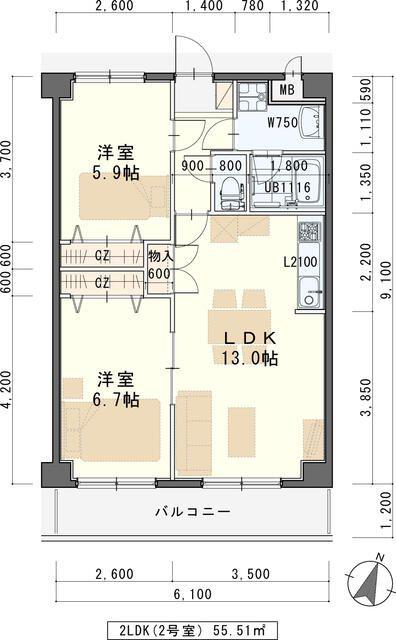 ルノアール(2LDK/1階)の間取り写真