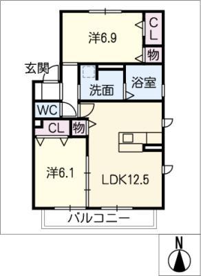 レセンテ曙 A棟(2LDK/2階)の間取り写真
