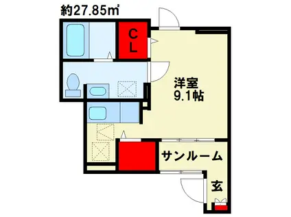 ラディアント・北方(ワンルーム/1階)の間取り写真