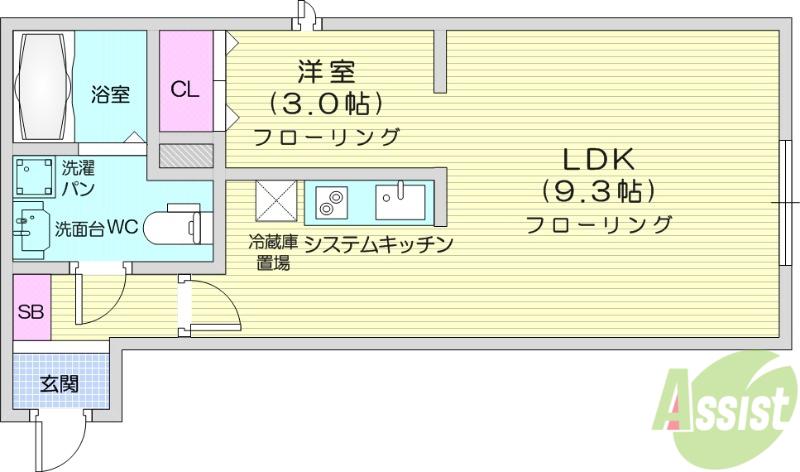 メリディアン白鳥(1LDK/3階)の間取り写真
