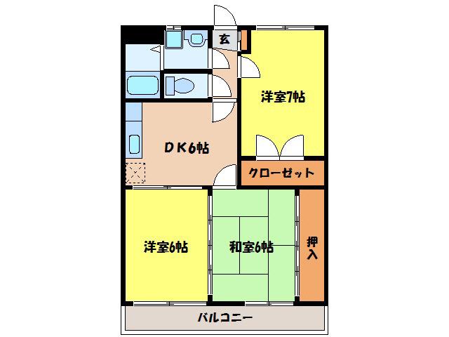 ウエストヒルズ西原台B棟(3DK/2階)の間取り写真
