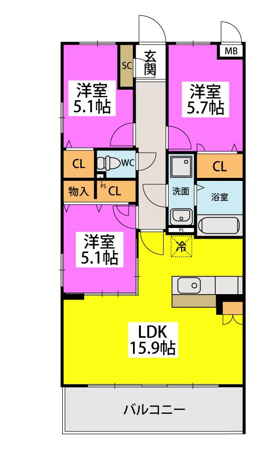 NEXT LIFE OHIRAKI 3-8B(3LDK/5階)の間取り写真