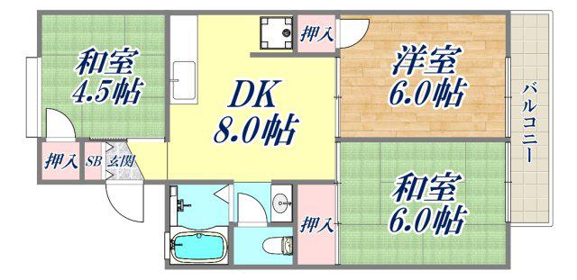 セジュール来福 B棟(3DK/1階)の間取り写真