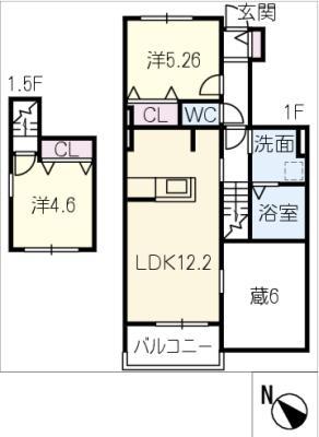 オーラムテラス B棟(2LDK/1階)の間取り写真