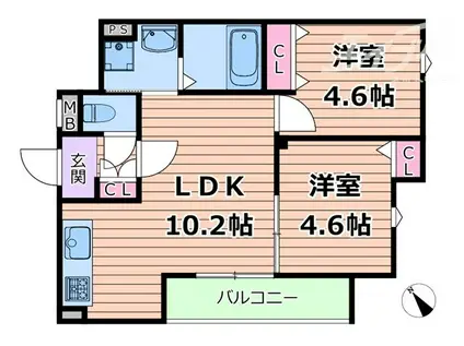 クリエオーレ原町(2LDK/2階)の間取り写真