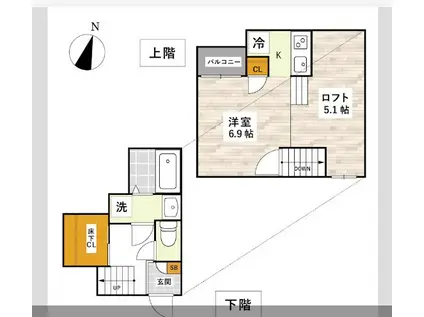 熊本市東区秋津2丁目(1K/2階)の間取り写真