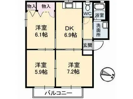 ディアス川南 B棟(3DK/2階)の間取り写真