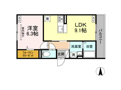 ディー パイナ 新吉田東(1LDK/2階)の間取り写真