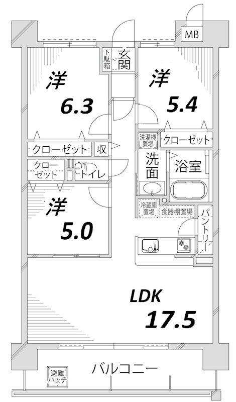 キャッスルコート田寺東(3LDK/1階)の間取り写真