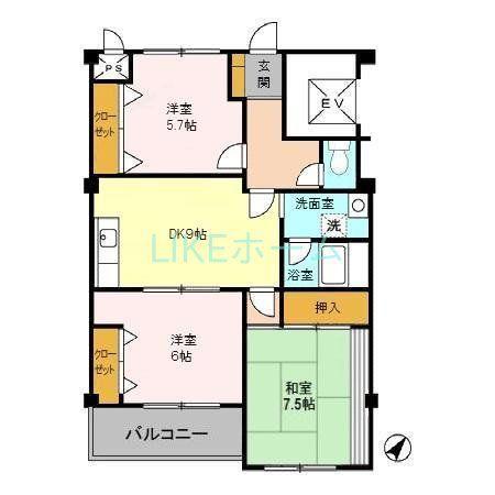 ベルメゾン(3DK/6階)の間取り写真