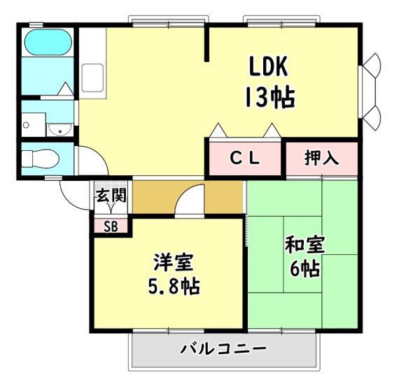 ルミエールB棟(2LDK/1階)の間取り写真