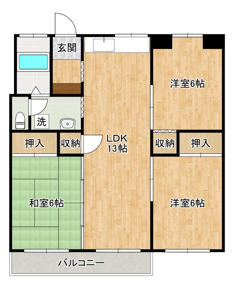 三萩野コーポラス(3LDK/6階)の間取り写真