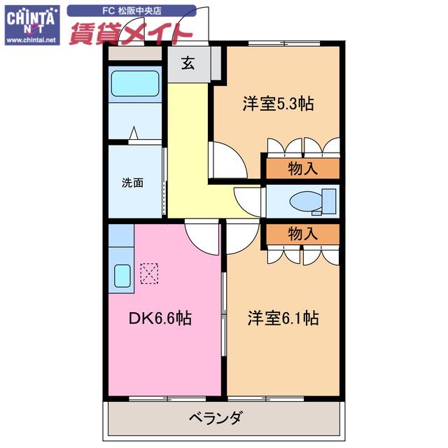 エバープレイスB(2DK/1階)の間取り写真