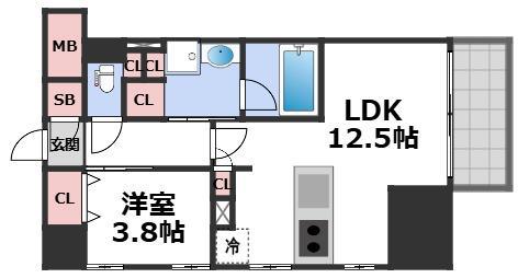 ザ・パークハビオ谷町六丁目クロス(1LDK/9階)の間取り写真