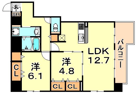 エルイソベ三宮(2LDK/4階)の間取り写真
