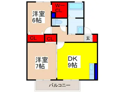 リビングタウンみどりのK(2DK/1階)の間取り写真