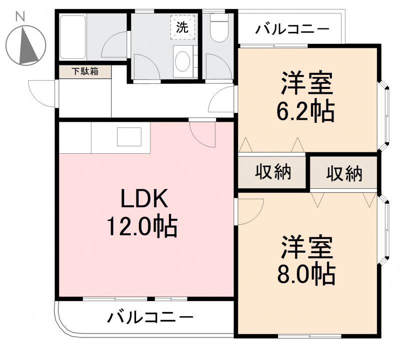 ガーデンハイツ三名参番館(2LDK/2階)の間取り写真