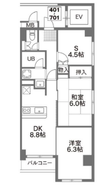 西川口レジデンス(2SDK/5階)の間取り写真