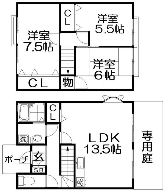 サンビレッジ桜丘 D(3LDK/1階)の間取り写真