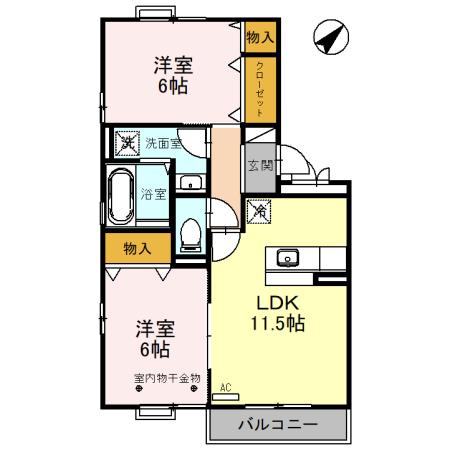 リビングタウン小松壱番館207(2LDK/2階)の間取り写真