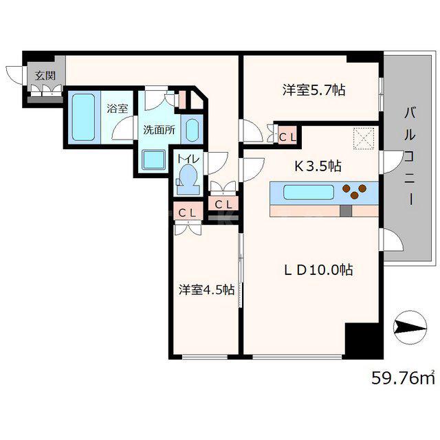 クレヴィアタワー大阪本町(2LDK/12階)の間取り写真