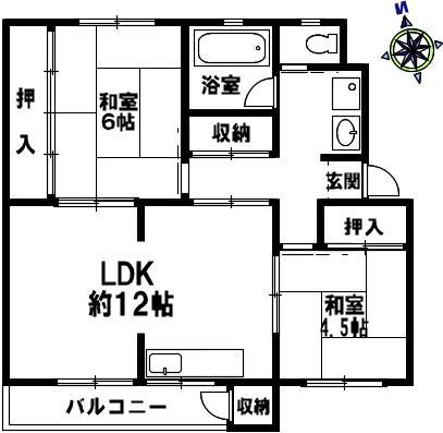 鶴甲コーポ21号館(2LDK/4階)の間取り写真