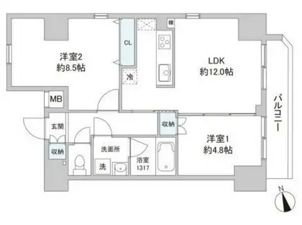 スカイグランデ日暮里(2LDK/13階)の間取り写真