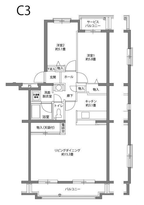 ヒルズ南戸塚4号棟(2LDK/3階)の間取り写真