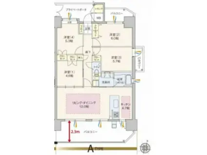 ウィング三滝観音台(4LDK/14階)の間取り写真