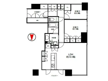 北浜ミッドタワー(2LDK/15階)の間取り写真