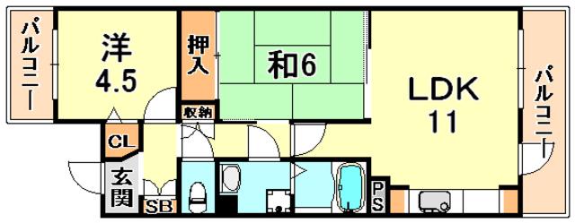 シャルマン六甲(2LDK/2階)の間取り写真