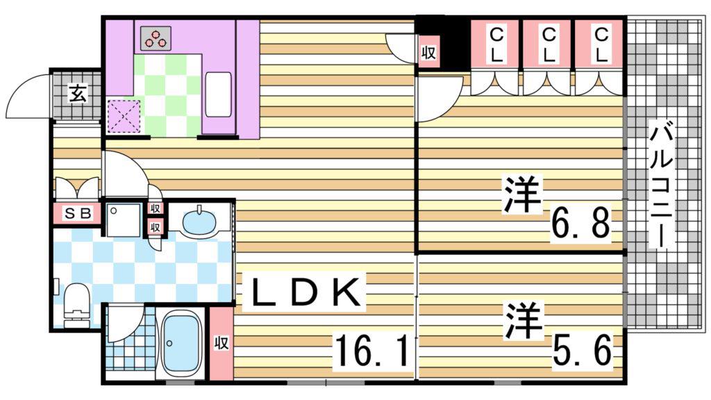 リーガル神戸三宮山手(2LDK/11階)の間取り写真